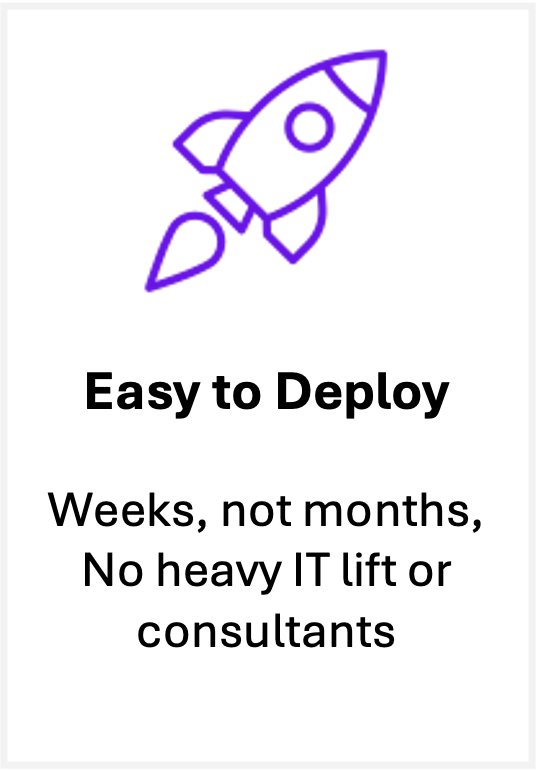 Easy to Deploy Easy to deploy — weeks, not months, with no heavy IT lift or consultants