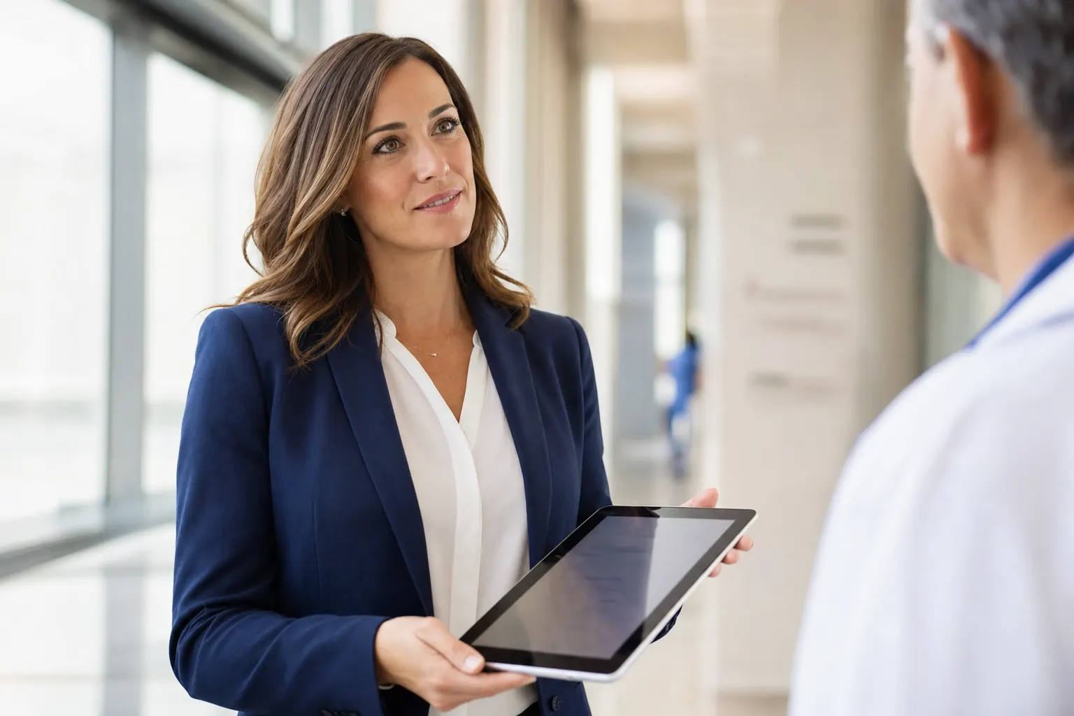 A pharmaceutical field representative presenting content on a tablet to a physician in a hospital hallway