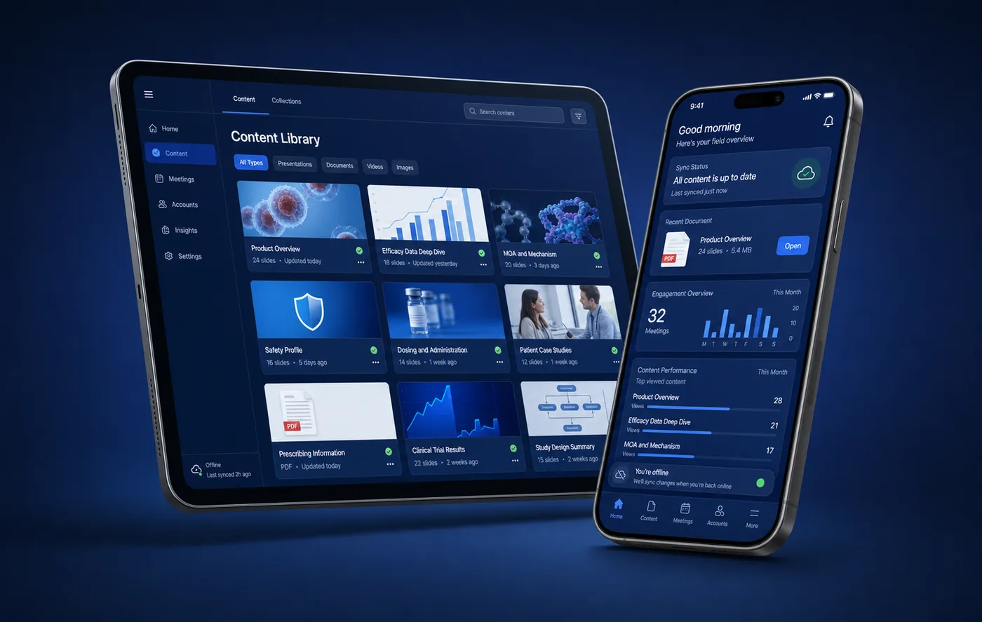vablet content library and home screen shown on a tablet and phone, displaying synced presentations, safety profiles, and field engagement analytics