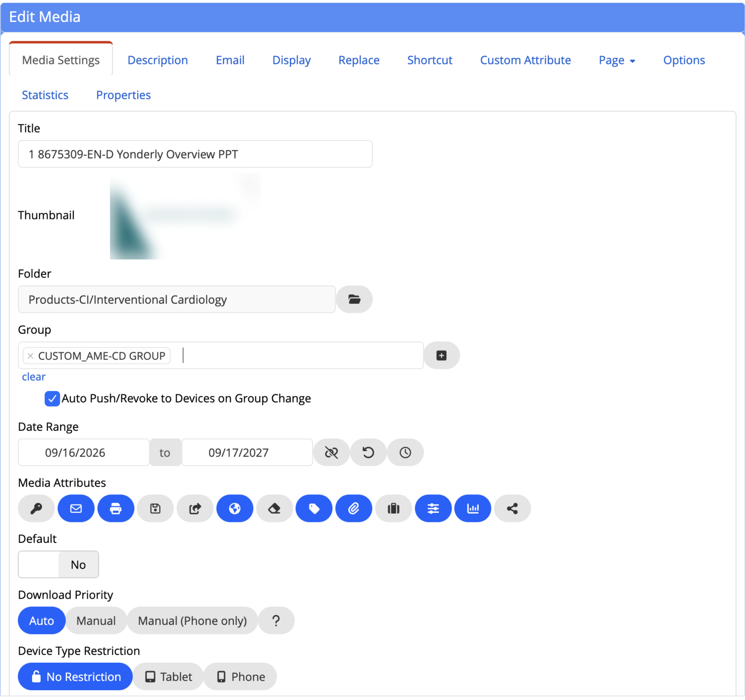 vablet admin console media settings showing folder, group assignment, auto push and revoke on group change, and an approval date range