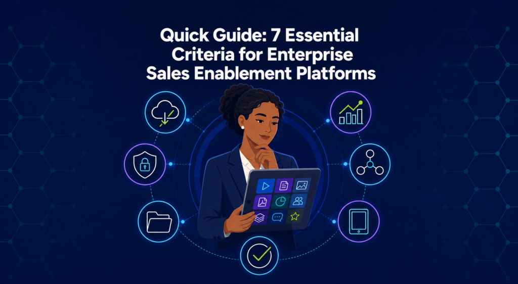 Illustration of a woman with a tablet surrounded by icons for cloud, security, files, analytics and devices, for a quick guide to enterprise sales enablement criteria