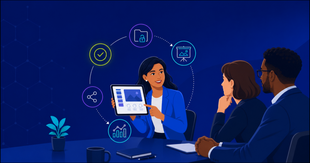 Illustration of a presenter showing a tablet chart to two colleagues, with icons for approval, analytics and sharing