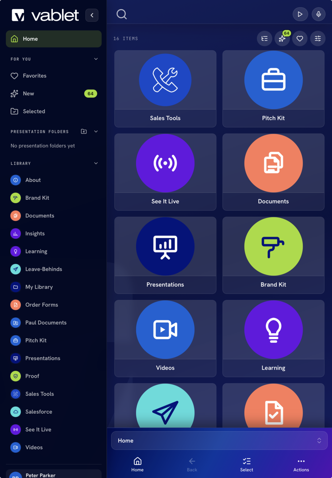vablet content library on iPad in dark mode, showing approved folders for sales tools, pitch kit, documents, presentations, and learning
