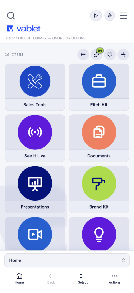 vablet content library on iPhone in light mode, your content library online or offline