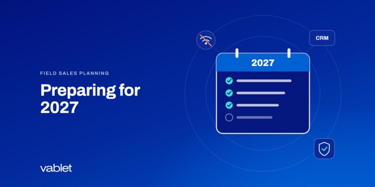 Illustration of a 2027 calendar with a checklist, surrounded by icons for no signal, CRM and security, on a vablet blue gradient