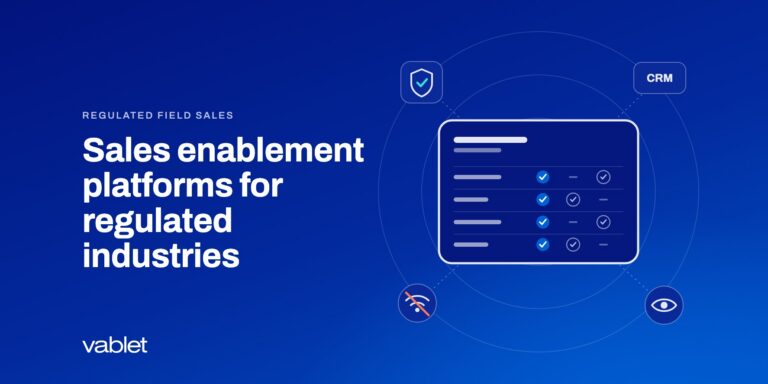 Illustration of a tablet showing a vendor comparison table with check marks, surrounded by icons for security, CRM, offline use and analytics, on a vablet blue gradient