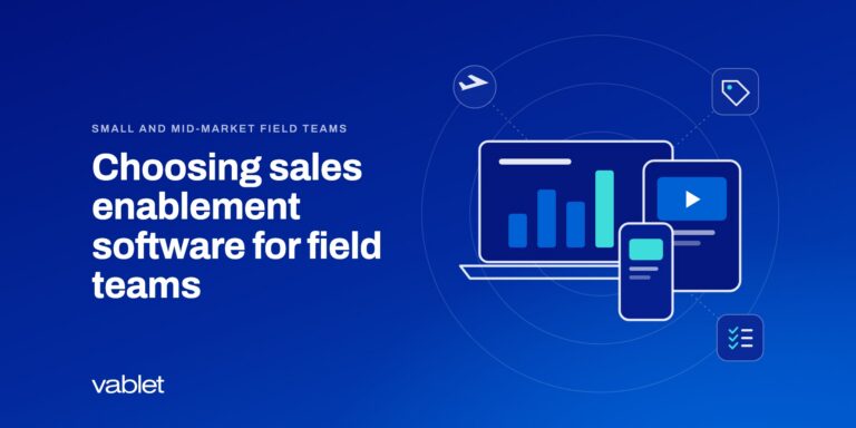 Illustration of a laptop, tablet and phone showing sales content, with icons for airplane mode, pricing and a checklist, on a vablet blue gradient
