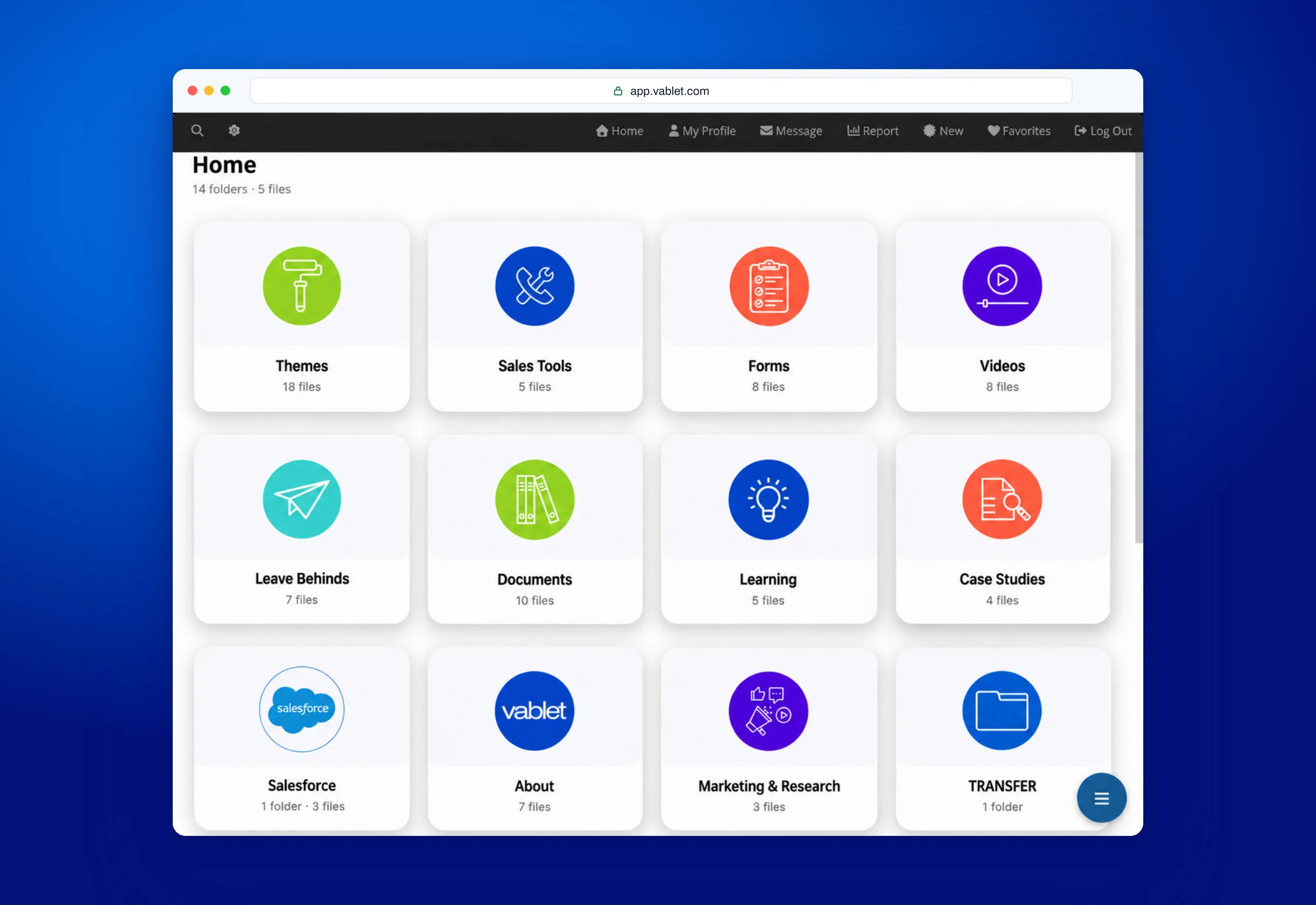 vablet web content library open in a desktop browser, showing approved folders for themes, sales tools, forms, videos, leave behinds, documents, learning, and case studies