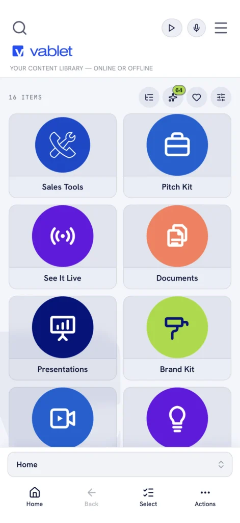 vablet content library on iPhone in light mode, your content library online or offline